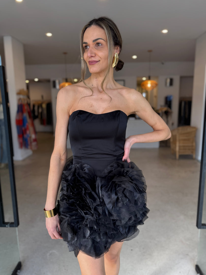ASHER FLOWER MINI DRESS - BLACK