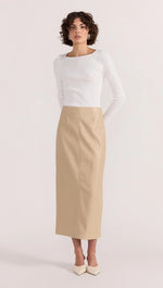 Load image into Gallery viewer, MIRA FAUX LEATHER MIDI SKIRT NATURAL
