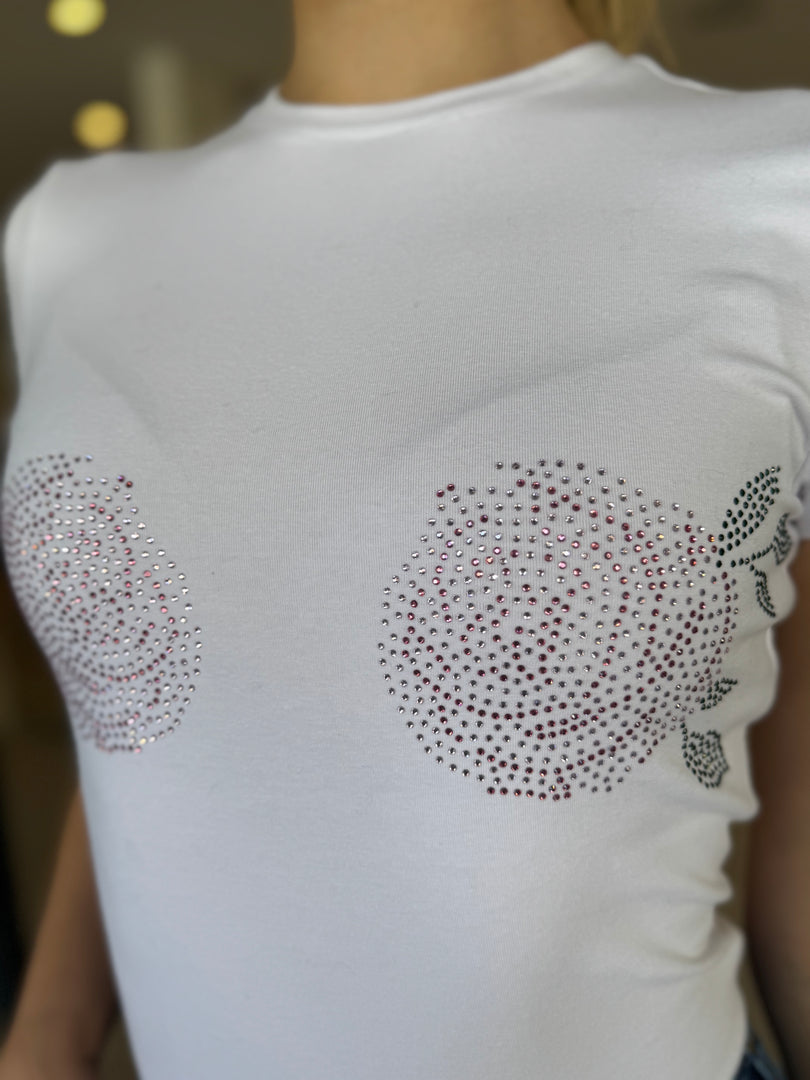 SUPER STRETCH RHINESTONE TEE WHT