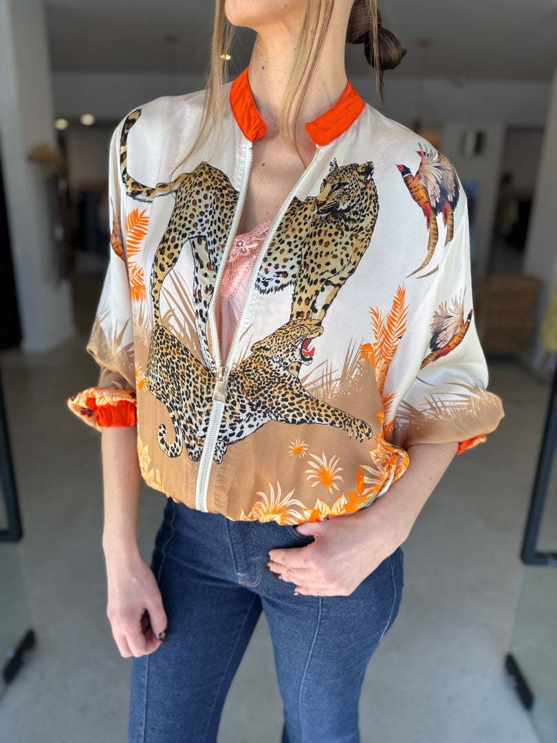 SILK BLEND LEOPARD BOMBER - ORANGE