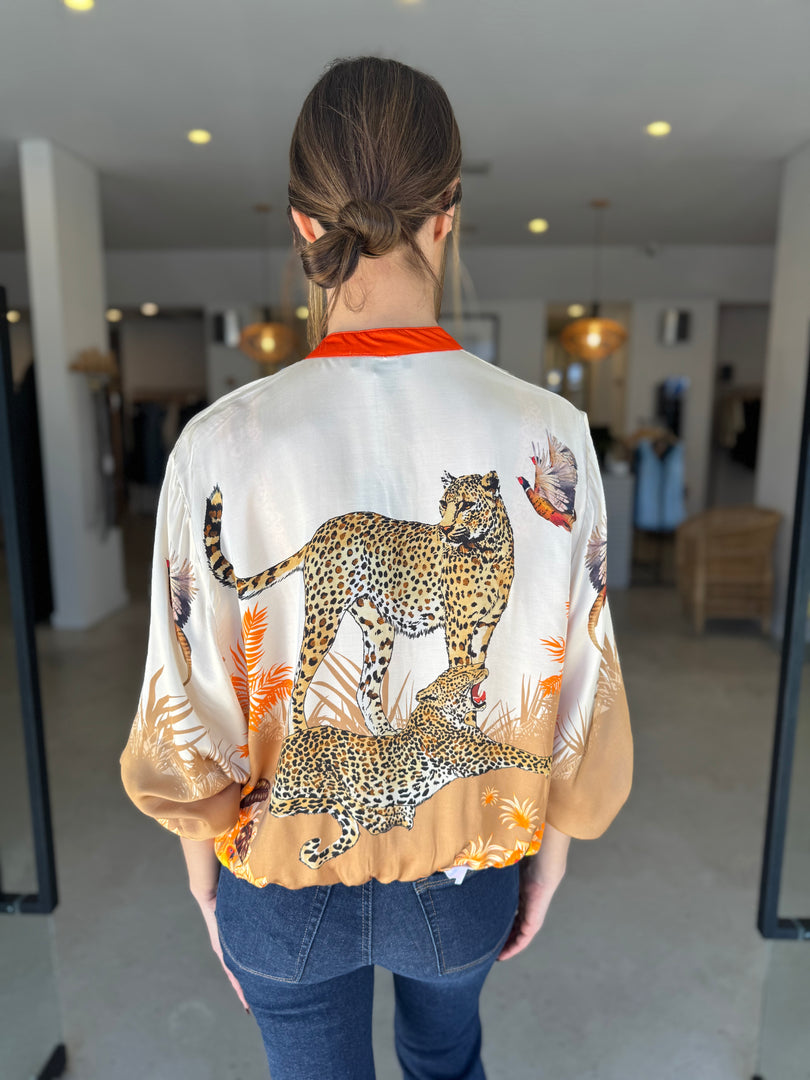 SILK BLEND LEOPARD BOMBER - ORANGE