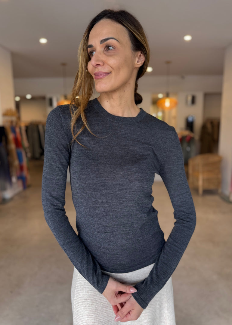 MAINE LS MERINO TOP - CHARCOAL