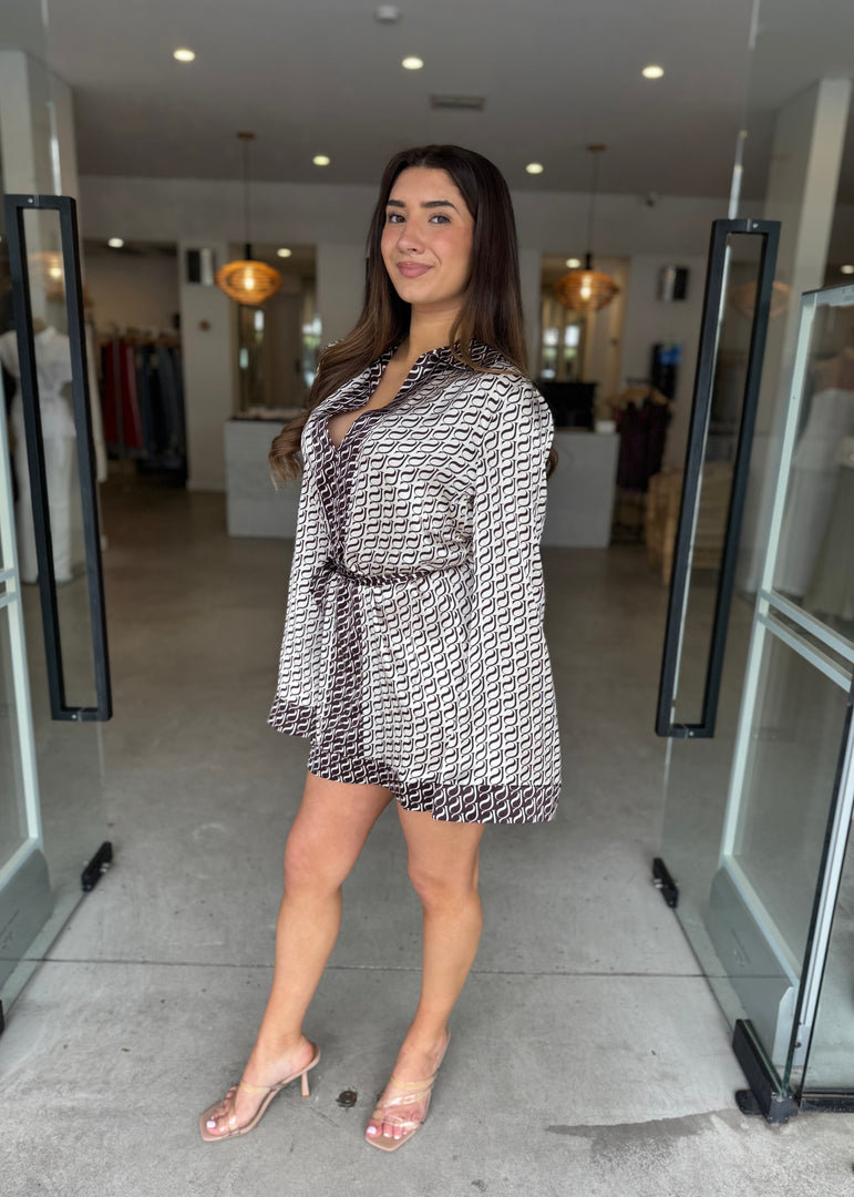 MONOGRAM SILK MINI DRESS ESPRESSO