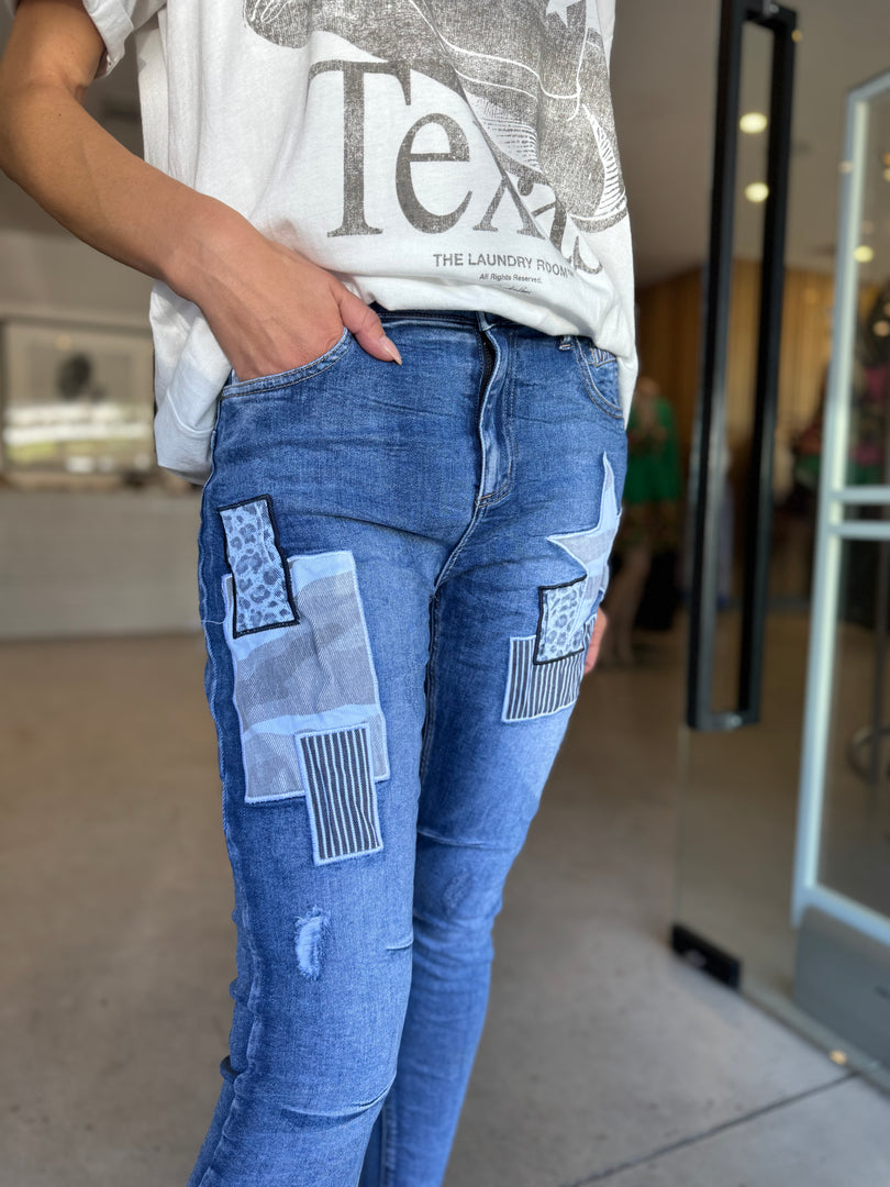 ITALIAN DENIM PATCH PANT BLUE