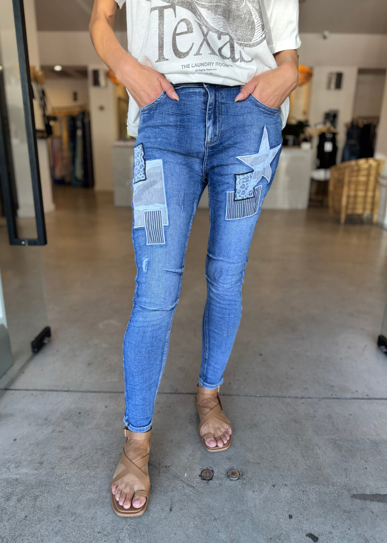 ITALIAN DENIM PATCH PANT BLUE