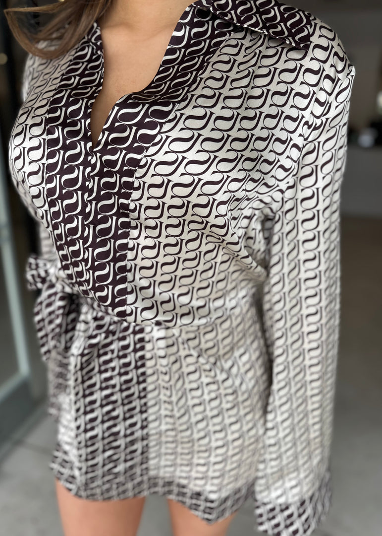 MONOGRAM SILK MINI DRESS ESPRESSO