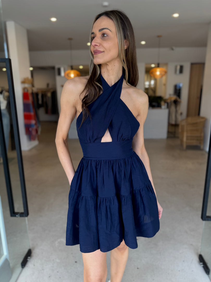 CELESTE HALTER MINI DRESS - MIDNIGHT