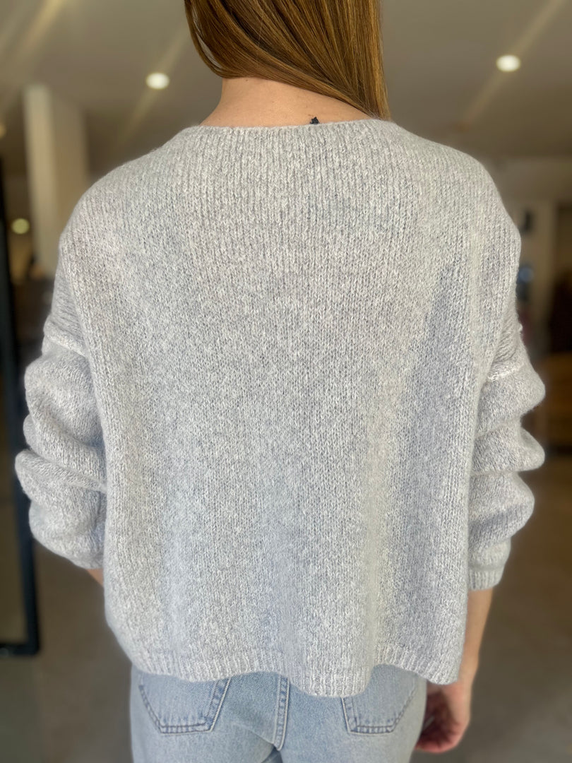 TROMBOLI V NECK KNIT - SILVER