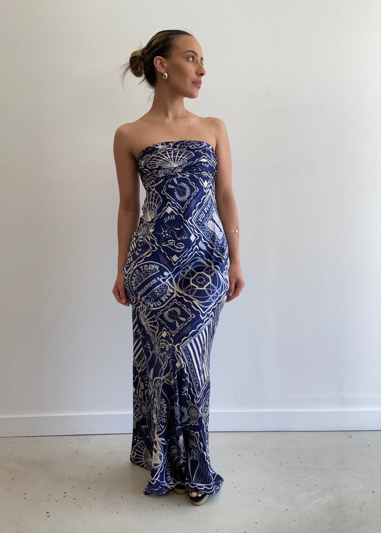 MER SILK MAXI DRESS - NAVY IVORY