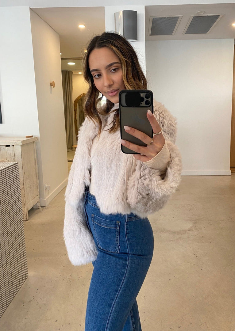 LOLA CROP FUR JACKET - STONE